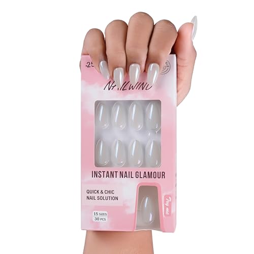 NAILWIND Almond Press On Nails Medium, Soft Gel Mirror Designs Glossy Ombre Nails with Nail Glue, Semi-Transparent Reusable Glue On in 15 Sizes – 30PCS Stick On Nail Kit, Acrylic Nail for Women 25