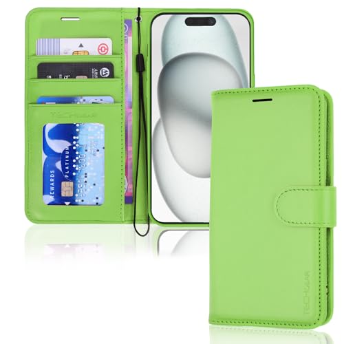TECHGEAR Funda de Cuero Tipo Cartera para iPhone 15, Funda Protectora con Tapa con Tarjetero, Soporte y Correa para la muñeca Cuero PU Verde con Cierre magnético para iPhone 15 6.1
