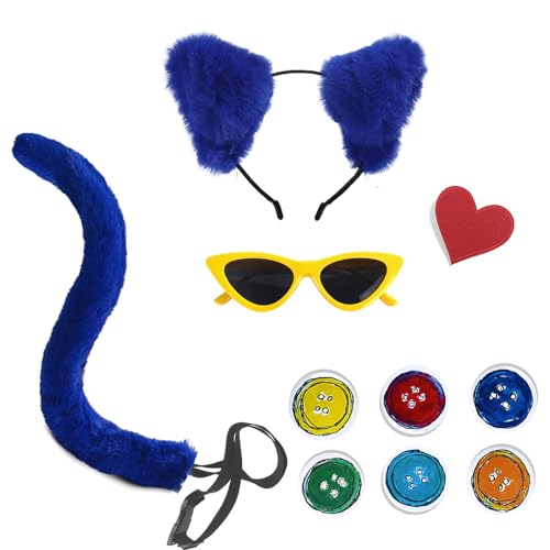 NEZLOP 10Pcs Blue Cat Costume Cat Ear headband and Tail Big Button for Book Day Dress up Halloween Cosplay Party costume (Blue)