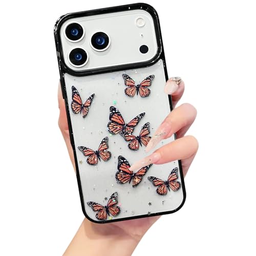 Image of VONZEE Glitter Butterfly Back Cover Case Compatible with iPhone 17 Pro, Clear Cute Bling Sparkle Shiny Soft TPU Bumper Shockproof Women Girls Slim Protective Phone Cover for iPhone 17 Pro 6.3 inch,Black