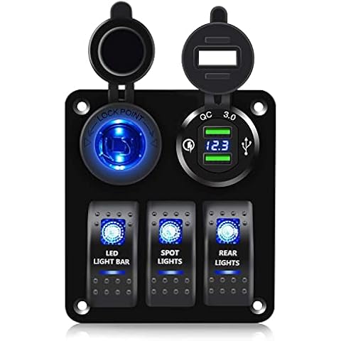 FXC 3 Gang Rocker Switch Aluminum Panel with Dual USB Port Charger Socket & Cigarette Lighter Socket Blue LED Light Waterproof On Off Toggle Switch for 12V/24V DC Marine Boat Truck Car ATVs Cover