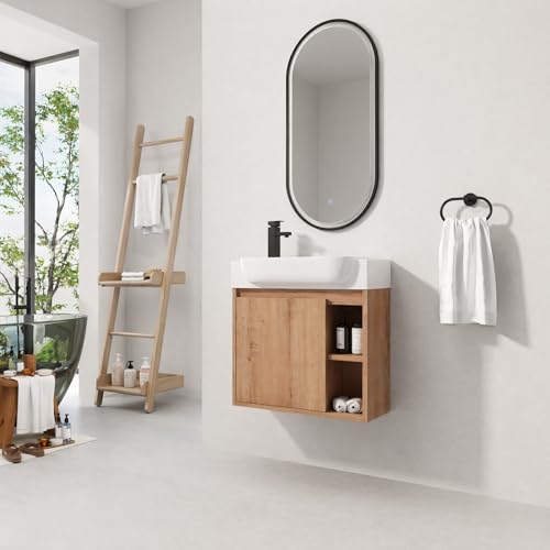 Image of 24 inch Wall Mounted Bathroom Vanity with Ceramic Sink, Modern Floating Bathroom Cabinet with Soft-Close Door & 2 Open Storage Shelves, Farmhouse Small Bath Vanity Set, Easy to Clean, Natural Oak