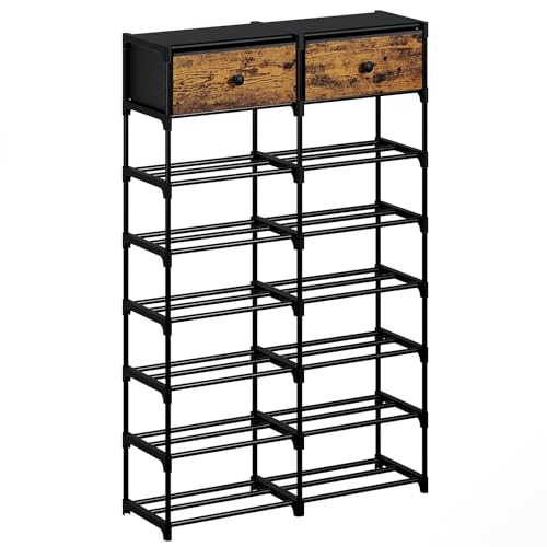 UNITSTAGE Tall Shoe Rack, 8 Tier Shoe Rack Organizer with 2 Large Drawers, Shoe Storage for 28-32 Pairs, Sturdy Metal Shoe Shelf Shoe Stand for Closet Entryway, Rustic Brown and Black