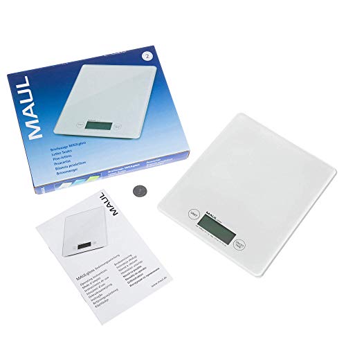 MAUL Briefwaage MAULgloss 16,5 x 17 cm | Waage bis 5kg belastbar | Moderne Küchenwaage mit Glasoberfläche | Automatische Nullstellung und Abschaltautomatik | Inklusive Batterien | Weiß