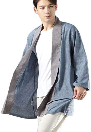 Mens Open Front Kimono Cardigan Casual Cotton Linen Shirt Chinese Hanfu Style Trench Coat