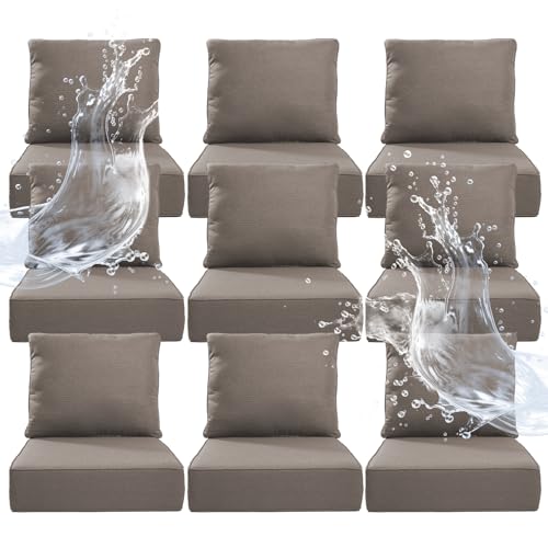Artfurniz 6" Thicker Outdoor Chair Cushion 9 Sets - 24" *24" *6" Waterproof Patio Furniture Cushions with Removable Cover, 28D High Density Sponge Filling Thicken Outdoor Patio Cushions - Grey