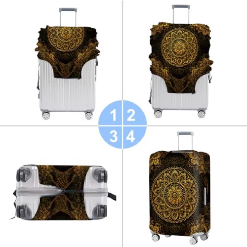 Image of Luxury Gold Mandala Luggage Cover Protective Suitcase Protector, Vintage Bohemian Floral Elastic Washable Travel Baggage Cover Fits 24-26 Inch Suitcase, Elegant Gold and Black Design,M