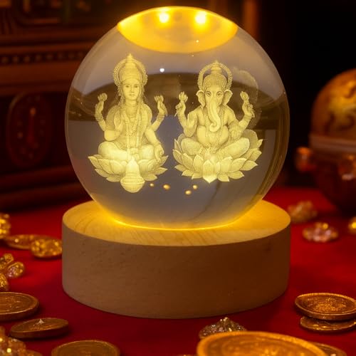 Image of ANTORCHE Lakshmi Ganesh Crystal Ball Lamp with Wooden Base | 3D Engraved LED Night Light for Home Decor, Puja Room & Diwali Gift & Festivals