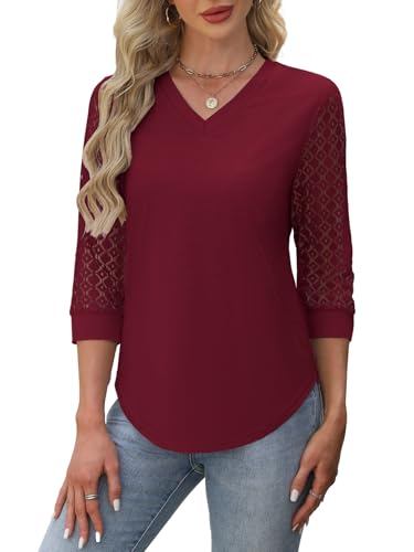 Womens Summer Tops 3/4 Length Sleeve Blouses Dressy Casual Shirts for Women Spring Fashion Ladies V Neck Lace Tshirts3