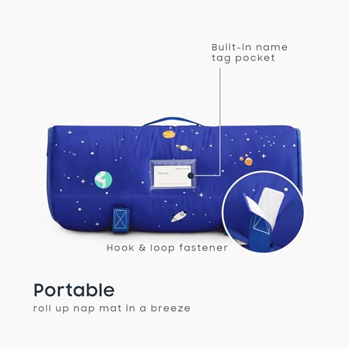 Image of Wake In Cloud - Toddler Nap Mat with Pillow and Blanket, 100% Cotton Fabric, for Kids Boys Ages 3 Plus in Daycare Kindergarten Preschool, Roll Up Sleeping Bag, Galaxy Spaces