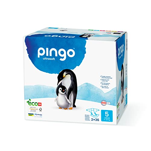 Pingo - Pañales Talla 5 Junior - 2 paquetes de 36 unidades-12-25 kg- Pañales para bebé - Anti-alergénicos sin perfume - Máxima Absorción - Pañales ecológicos - Pieles sensibles - Color Blanco