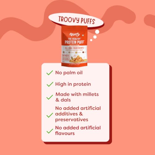 Image of Troovy Healthy High Protein Puffs | Tangy Tomato Flavour | No Palm Oil, Cholesterol or Trans Fats, No Junk & Chemicals | Made with Multiple Millets, Grains and Dal (80g (Pack of 3))