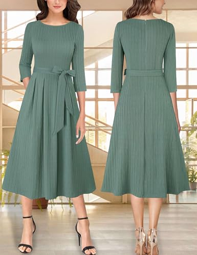 Image of VFSHOW Womens Work Business Casual Church Pockets Belted A-Line Midi Dress