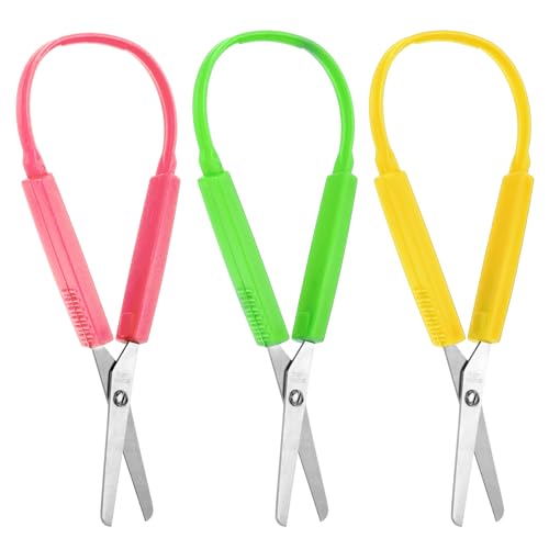 3Pcs Loop Scissors Adaptive Design Scissor Colorful Handle Self-Opening Safety Scissors for Kids Children Schools Special Need 5.5 Inch(Green Yellow Pink)