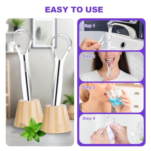 Image of Tongue Scraper for Adults (2 Pack), 2 Bamboo Holder and 2 Travel Case, 100% Stainless Steel Tongue Scraper, Reducing Bad Breath, Tongue Cleaner for Oral Care & Hygiene, Home and Travel Use
