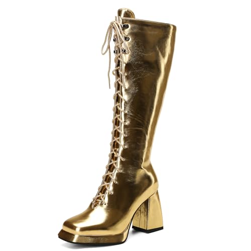 Gicoiz Fashion Military Womens Square Toe Knee High Boots