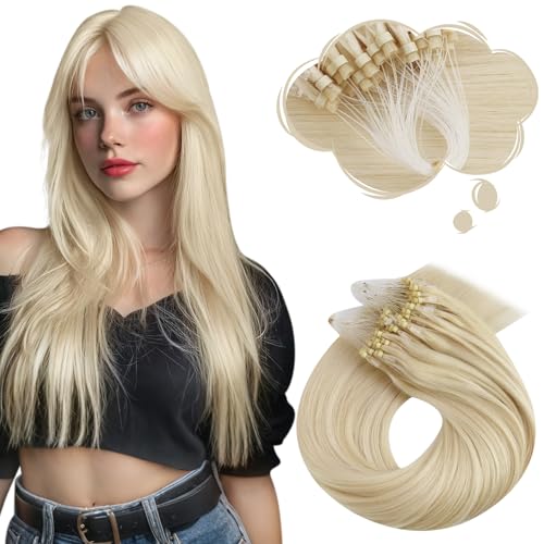 Image of Moresoo Micro Loop Hair Extensions Real Human Hair Platinum Blonde, 20 Inch | 50g 50 strands, no heat no glue, long straight hair, luminous blonde blend, added length, work styling, special occasions