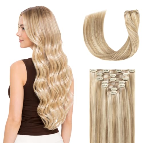 SOBEAUTY Real Human Hair Extensions Clip in, 100% Remy Hair #P16/22 20 Inch