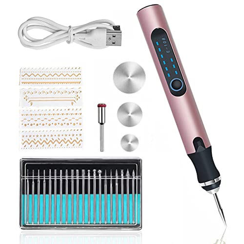 Elektrischer Gravierstift, Wiederaufladbarer Gravierwerkzeugsatz, Kabelloses Graviergerät mit Bohrern und Schablonen zum Schnitzen von Glas, Holz, Metall, Stein, Nägeln, Keramik (Rot)