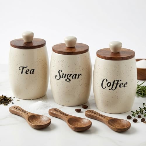 Image of Ceramic Tea Coffee Sugar Containers Set of 3 with Wooden Spoons & Lids | Jar & Container for Kitchen Storage Set | Multi Utility Air Tight Kitchen Organizer Items (Hand-Painted, 400 ML)