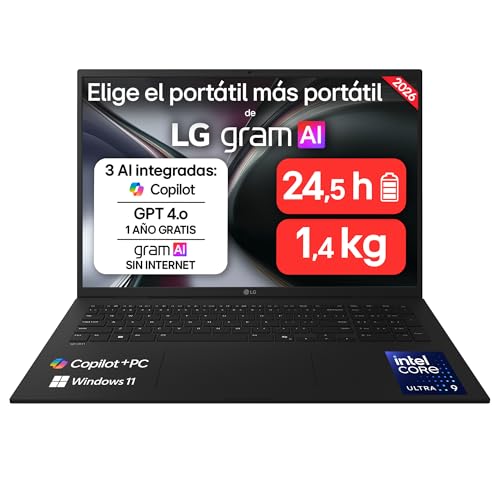 LG gram 17Z90TL-G.AU99BN - Ordenador Portátil Ultraligero de 17' Intel Core Ultra 9 288V, 32 GB RAM, 1 TB SSD, IPS Antirreflej, 1389g, 24.5 h, Windows 11, Teclado QWERTY Español, Negro Carbón