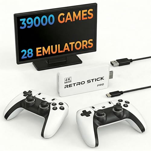 Retro Gaming Console Plug & Play Game Console for TV, 4K HD HDMI Video Console with Built-in 39,000 Classic Games, Dual 2.4G Wireless Controllers, Emulator Stick to Upgrade Nostalgia