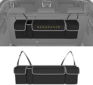Mega Racer Black Trunk Organizer - 600D Polyester & Oxford Cloth Material, 4 Large Storage Pockets, 2 Adjustable Rear Clips, Storage Accessories For Cars Pickup Trucks SUV Vans, Waterproof, 1 Piece