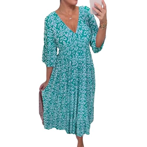 PNZLZIA Janisie Bohemian Dress,Emily Charm Dresses,Bohemian Print V-Neck Dress (Lake Blue,3X-Large)