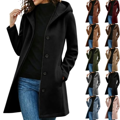Image of Trench Coats for Women Fall Warm Long Pea Coat Winter Jackets Black S
