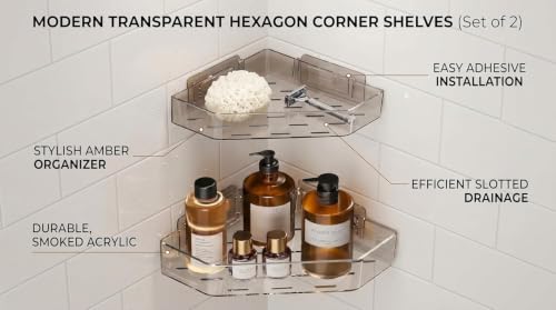 Image of Nieifi KIMEE Acrylic Corner Bathroom Shelf Organizer with Drain Holes - Transparent Triangle Storage Rack for Bathroom Counter, Kitchen Sink & Vanity Essentials, Space Saving Bath Caddy (Pack of 2)