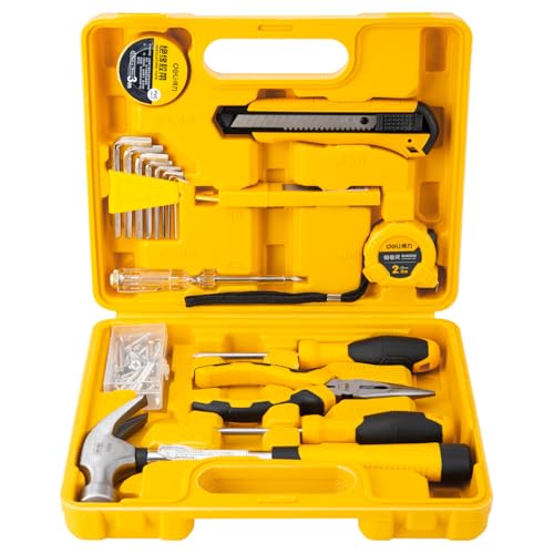 Image of Deli DL1018J 18 Piece Household Tool Kit with Test Pen Electrical Tape Long Nose Plier Tape Measure Screwdriver Utility Knives Claw Hammer and Storage Box for DIY Home Repair (Pack of 1, Yellow)