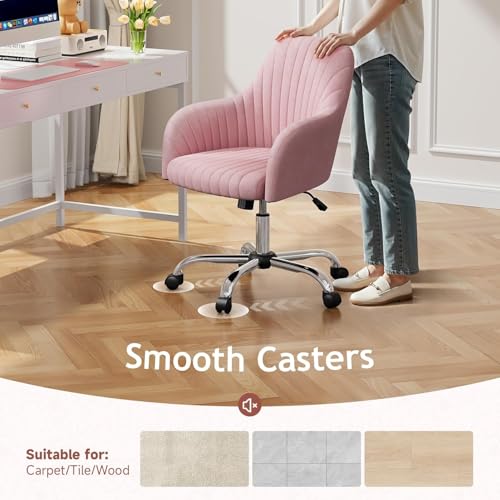 Image of AZAKEE Velvet Office Chair with Wheels & Armrests - Mid-Back Swivel Desk Chair for Home Office, Study, Bedroom & Vanity - Adjustable Height, Comfortable & Stylish (Pink)