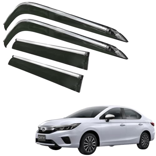 Image of CAR SAAZ Side Door Visors for City (2020-2023)(Set of 4Pcs) | Smoke Finish Chrome Lined Rain Guards, Polycarbonate