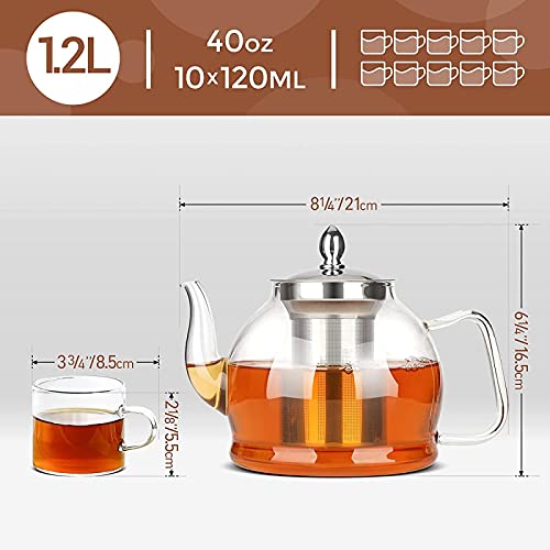 Bule de vidro de 1200ml com infusor removível, bule de chá seguro para fogão com filtro e tampa de a