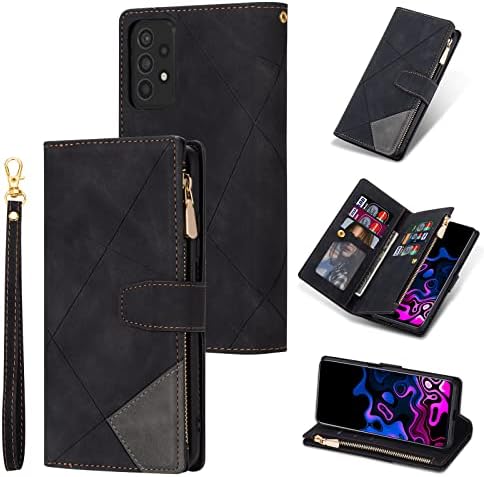 UEEBAI Wallet Case for Samsung Galaxy A52 5G/4G A52S 5G, Retro 9 Card Holder Slots Zipper Pocket Handbag Case PU Leather Magnetic Closure Kickstand Wrist Strap TPU Shockproof folio Case - Blue