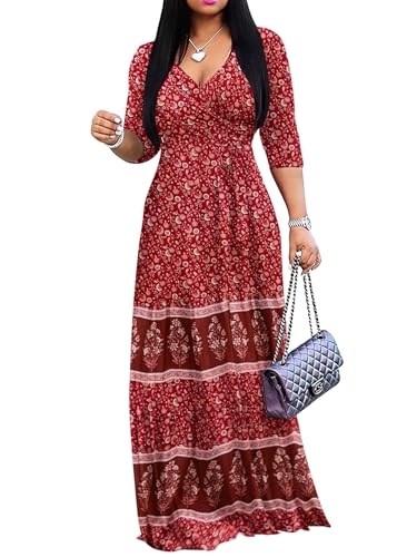 Image of Yajedo Womens Casual Summer Maxi Dress Plus Size Sexy Wrap V Neck 3 /4 Sleeve Sundress with Pockets