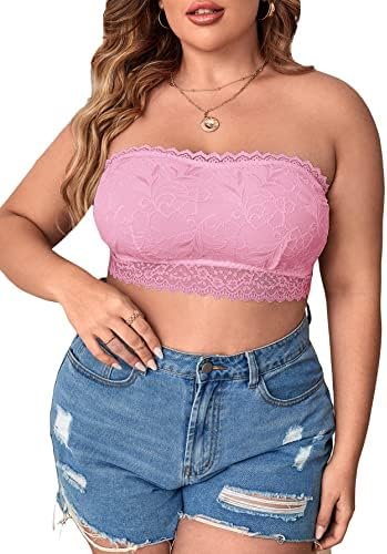 SOLY HUX Women's Plus Size Lace Strapless Bandeau Bralette Bra Solid Light Pink 3XL