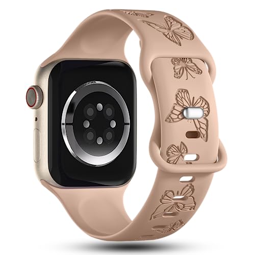 Image of Butterfly Engraved Bands Compatible with Apple Watch Band 41mm 40mm 38mm 49mm 46mm 49mm 46mm 45mm 44mm 42mm Women, Silicone Sport Strap for iWatch Series SE 10 9 8 7 6 5 4 3 2 1 SE Ultra