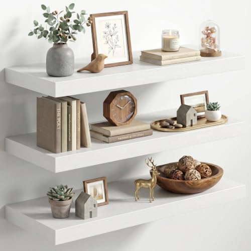 Image of Fun Memories 30 Inch Floating Shelves for Wall, 12 inch Deep Large Wall Mounted Wood Shelves with Invisible Bracket, Rustic White Floating Shelf for Bathroom Over Toilet Kitchen Living Room, Set of 3