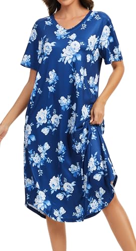 Image of Kabento Nightgowns for Women Cotton Short Sleeve Long Night Gowns with Pockets