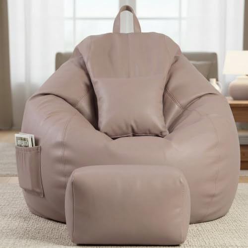 Image of KAM'S LIEU 5XL Luxury Faux Leather Bean Bag with Footrest & Cushion | Pre-Filled High-Density Polystyrene Beans | Premium Leatherette | 6 Months Warranty Color- (Beige, with Footrest)