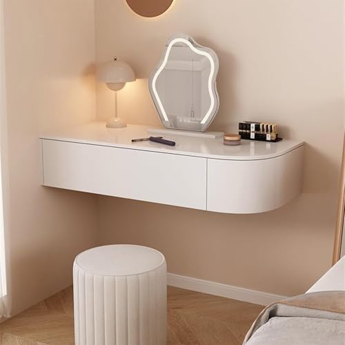 Modern Floating Vanity Makeup Table - White Corner Desk with Drawers, Stylish Storage Cabinet & Bedside Nightstand (47.2 x 15.7 x 7.1 in) - Space-Saving Design