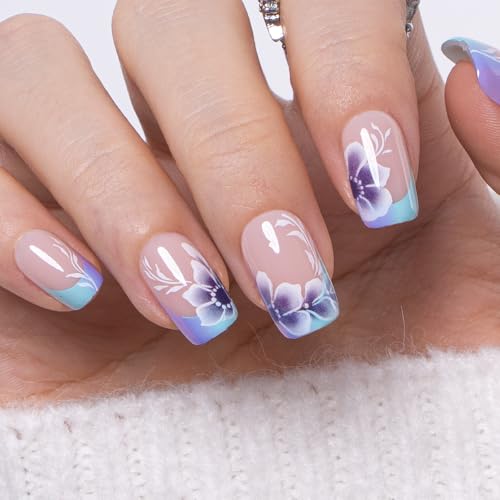 Image of Curvlife Press on Nails Acrylic Fake Nails with Design Full Cover False Nails for Women Reusable Nail Kit with Nail Glue Adhesive Tabs Nail File (summer flowers)