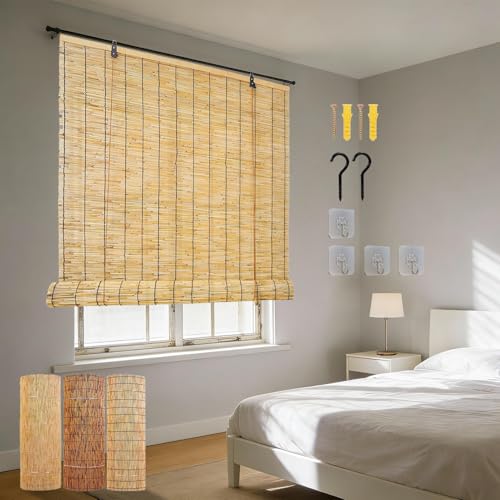 Estor Enrollable de Bambú para Puertas y Ventanas, Persiana Ajustable Opaca de Ocultación Decorativa, Persiana Estor Enrollable de bambú Natural Estores Enrollables De Caña Cortinas Romanas De Bambú