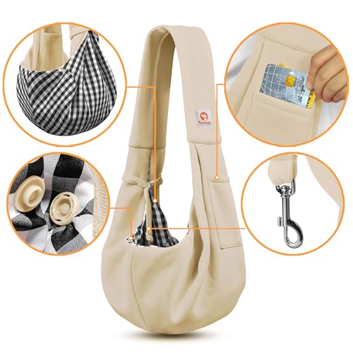 Image of Tomkas Small Dog Cat Sling Carrier Puppy Purse Travel Wrap Soft Crossbody Pet Bag (Cream, M - Classic Pocket & Classic Strap)