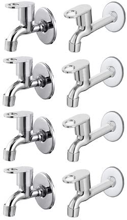 Spazio Stainless Steel Prime Bib Cock with Long Body Combo Pack Foam Flow Water Taps with Wall Flange (Pack of 4) (Chrome Plated, Brass Disc)