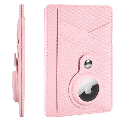 Minimalist Wallet with AirTag Holder Credit Card Holder Slim Wallet for Women, Leather Front Pocket Wallet Compact Small Card Holder Travel Thin Card Case ID Window RFID Blocking Card Organizer (Pink)