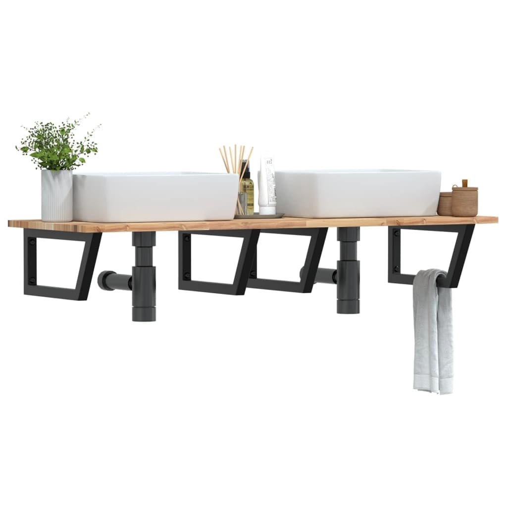 Étagère murale pour vasque en bois d'acacia et acier noir 140x50 cm