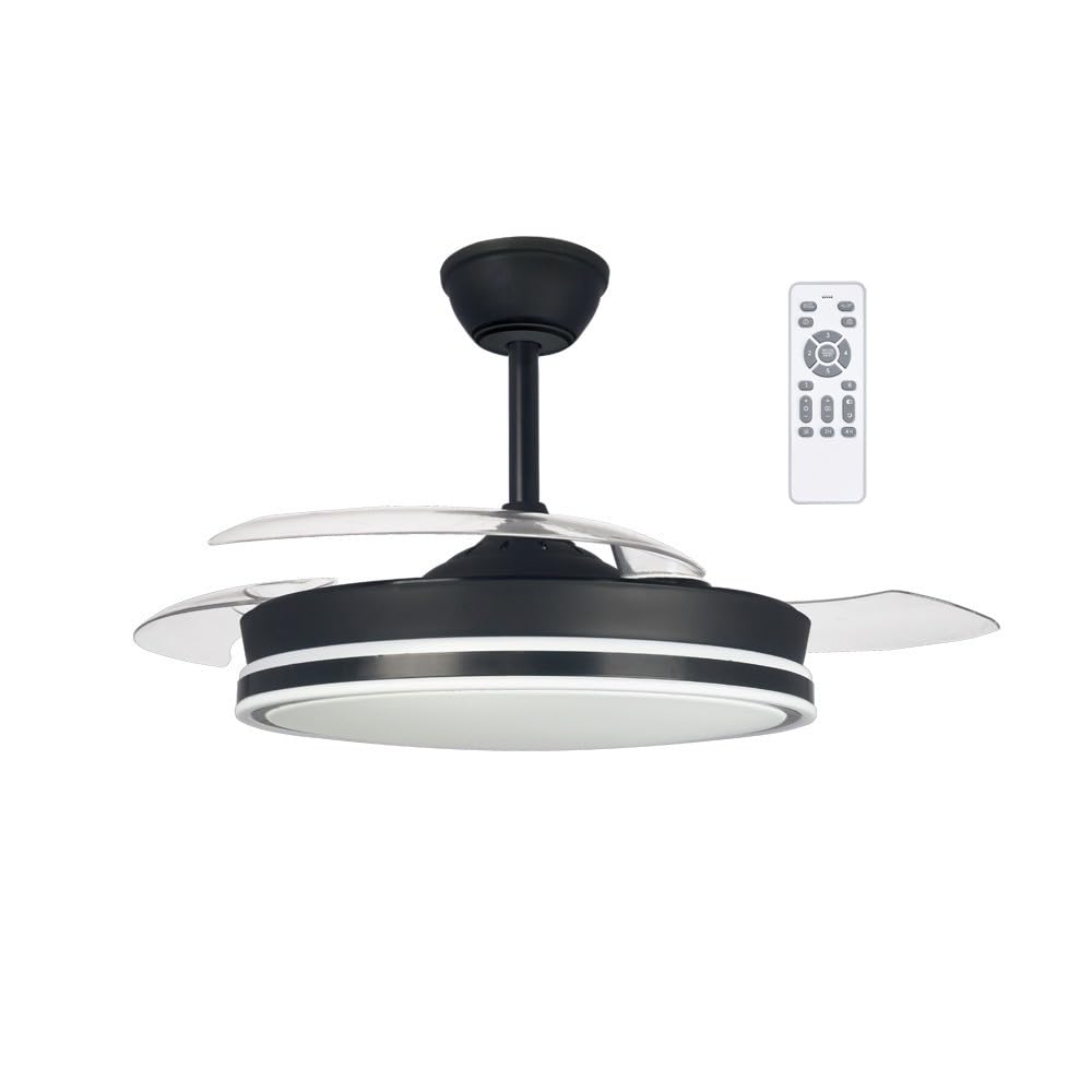 wonderlamp - Ventilador de techo retrláctil con aspas plegables Surpino Negro, Ventilador de techo con luz LED 45W con Memoria de encendido y Mando a distancia CCT Regulable