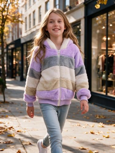 Image of Girls Fleece Jackets Kids Sherpa Fuzzy Zip up Hoodie Fall Winter Contrast color Pullover Sweatshirt 4-12 Years